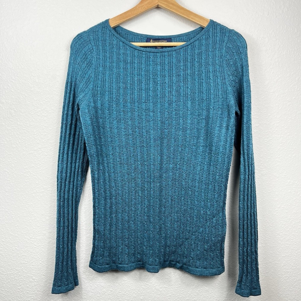 Brooks Brothers Sweater Womens Medium Cable Knit 100% Merino Wool Green Preppy